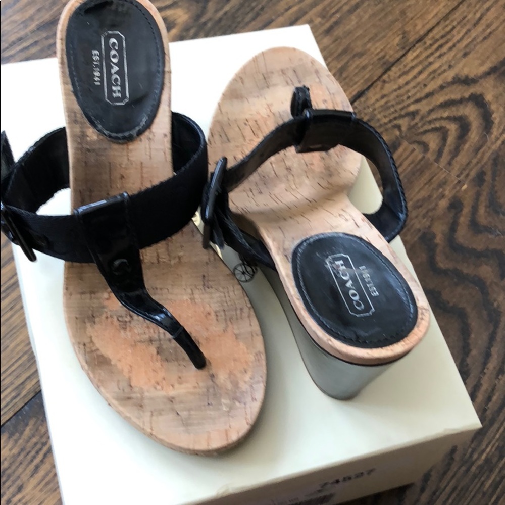 Coach black thong wedge sandal with side buckle